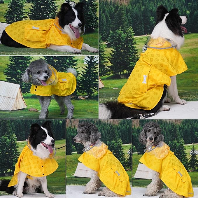 Dog Raincoat,Waterproof Rain Poncho with Hoodie, High Reflective Adjustable Pet Rain Jacket with Leash Hole for Small Medium and Large Dogs (Yellow(Water-Reactive Hydrochromic), Large: 22-37lbs)
