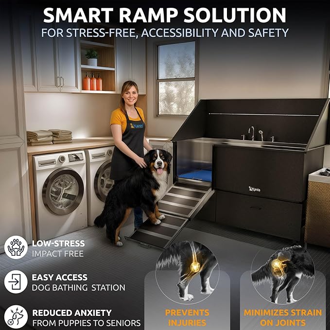 KANIS Black Line Professional Dog Washing Station - 304 Stainless Steel Pet Wash Sink & Grooming Bathtub w/Shower, Floor Grates and Storage for Large, Medium & Small Pets (61", 2 Drawers - Left Ramp)