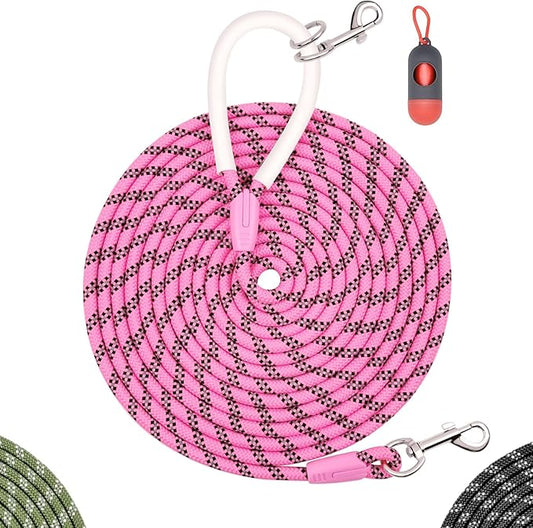 Nylon Dog Leash 6FT 10FT 20FT 30FT Diameter 2/5 Inch with Comfortable Silicone Handle Highly Reflective No Tangle for Medium Large Dogs Outside Walking Camping Backyard. (Pink, 20FT)