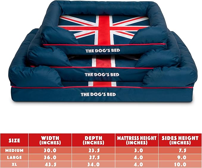 The Dog's Bed Replacement Outer Cover ONLY (Outer Cover ONLY - NO Bed, NO Waterproof Inner) for The Dog's Bed, Washable Oxford Fabric, Large (Blue with Red Piping UK Flag Embroidery & Centre Flag)