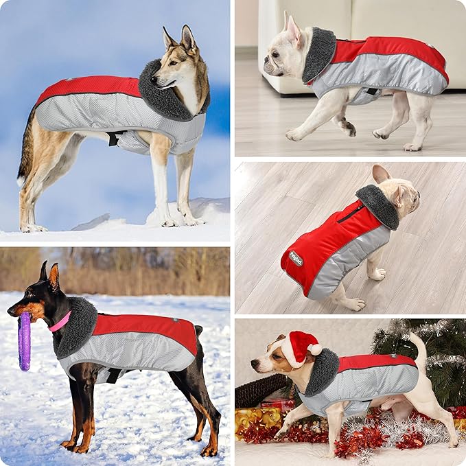 Dog Coat, Waterproof Ripstop Dog Winter Jacket with Leash Hole, Reflective Adjustable Warm Pet Fleece Snow Sweater for Small Medium Large Dogs - Red, S