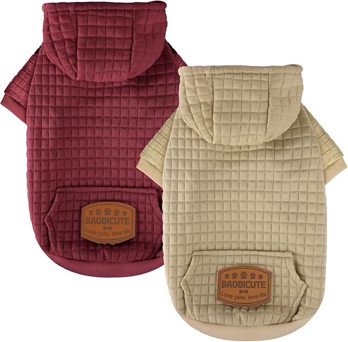 2 Pack Dog Hoodie Sweaters for Small Medium Dogs Warm Dog Clothes for Large Dogs Soft Waffle-Like Laminated Sweatshirt Bulldog (Brown+Wine Red, S (Back: 11.5",Chest: 15.5", Neck: 10"))