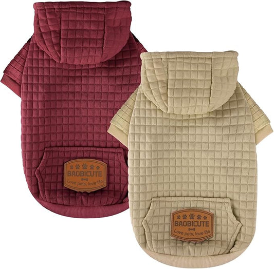 2 Pack Dog Hoodie Sweaters for Small Medium Dogs Warm Dog Clothes for Large Dogs Soft Waffle-Like Laminated Sweatshirt Bulldog (Brown+Wine Red, XXS (Back: 8",Chest: 11", Neck: 7.9"))
