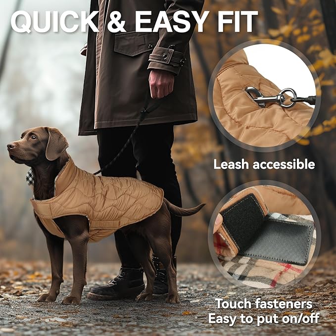 VIVAGLORY Softjoy Dog Coat, Dog Jacket for Winter & Christmas, Coat with Harness Hole & Velcro Closure, Reversible Plaid Checkered Warm Fluffy Heavy Duty for Puppy, XXS, Khaki