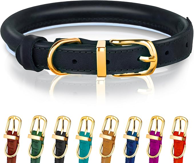 OOPSDOGGY Reflective Rolled Leather Dog Collar Adjustable Soft Padded Pet Collar for Small Medium Large Breed Dogs (Black, S, 10"-13")