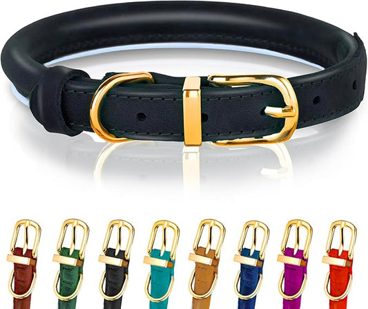 OOPSDOGGY Reflective Rolled Leather Dog Collar Adjustable Soft Padded Pet Collar for Small Medium Large Breed Dogs (Black, S, 10"-13")