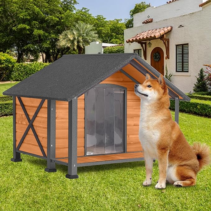 Dog House Outdoor with Porch, Anti-Chewing Iron Frame, Weatherproof Large Wooden Dog Kennel Outside with Openable Roof & Removable Floor, Elevated Base & PVC Curtain
