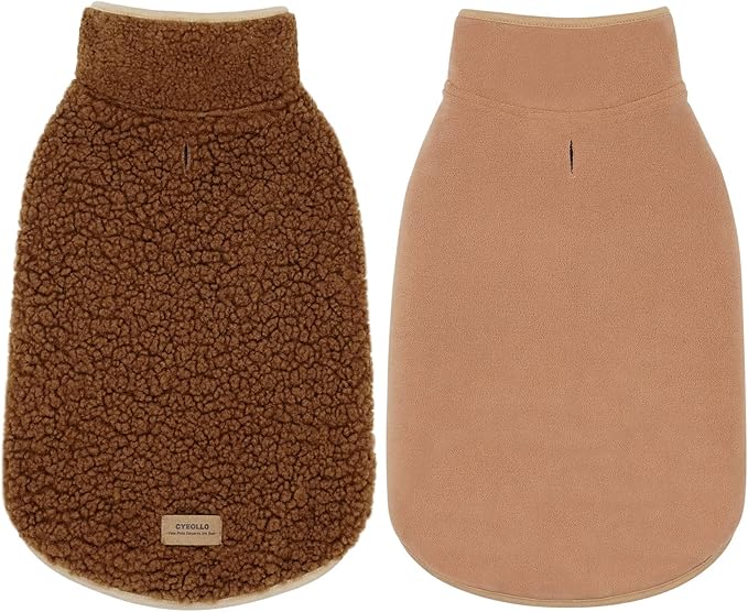 cyeollo Reversible Dog Coat Thick Turtleneck Fleece Furry Clothes Doggie Jacket for Cold Weather Winter Warm Dog Coats for Small Dogs Apparel Brown, S