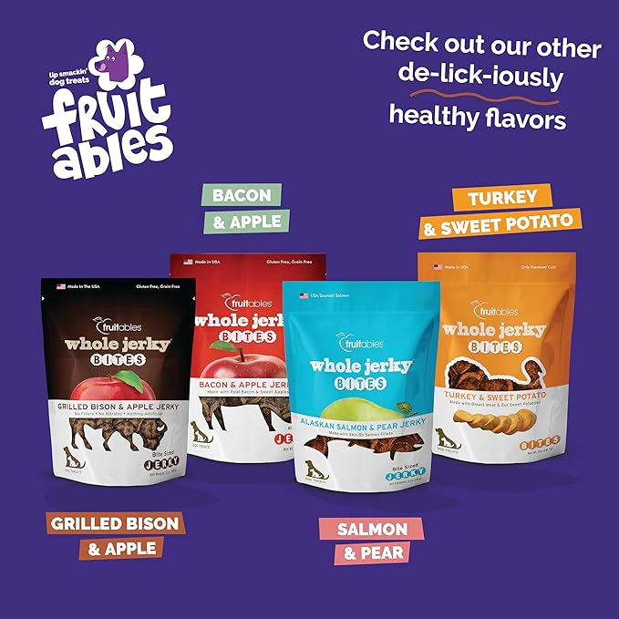 Fruitables Whole Jerky Bites, Grilled Bison & Apple Dog Treats, Healthy Dog Treats, Limited Ingredients, No Corn, Wheat, or Soy, Puppy Essentials, 5oz