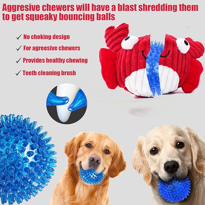 Squeak Dog Toys for Aggressive Chewers, No Stuffing Squeak Dog Chew Toys for Aggressive Chewers, Interactive Dog Toy Ball with Crinkle Paper for Medium Dogs, Large & Small Breeds (B-Blue Whale)