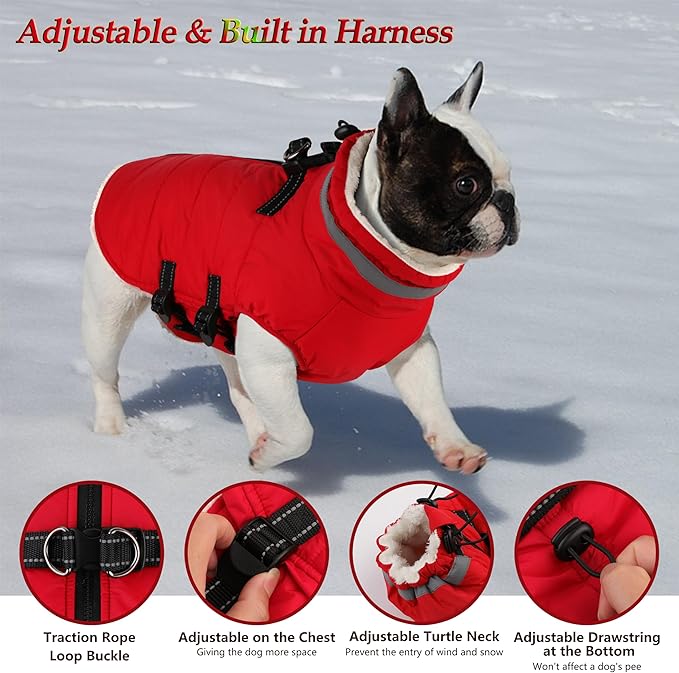 Dogcheer Dog Coat with Harness, Waterproof Dog Jacket Adjustable Pet Winter Coat with Zipper, Christmas Puppy Snow Jacket Fleece Sweater for Small Medium Large Dogs - Red 2XL
