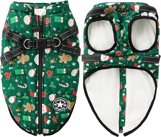 Aiboria Dog Jackets for Winter Windproof Waterproof Vest Fleece Warm Dogs Coat with Belt Christmas Green 3XL