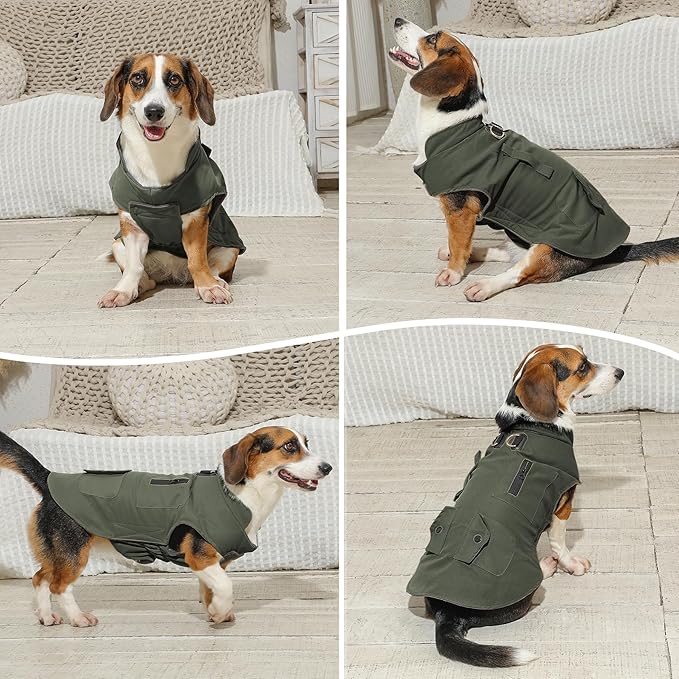 Workwear Style Dog Coats with Harness Built in for Small Dogs Windproof Warm Puppy Jacket with Storage Pockets for Cold Winter,Green XL