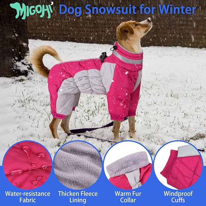 MIGOHI Full Body Dog Coat - Warm Reflective Large Dog Winter Coat with Harness,Turtleneck Fleece Jacket for Dogs,Four-Leg Windproof Puffer Jackets Snowsuit with Zipper for Small Medium Large Dogs,2XL