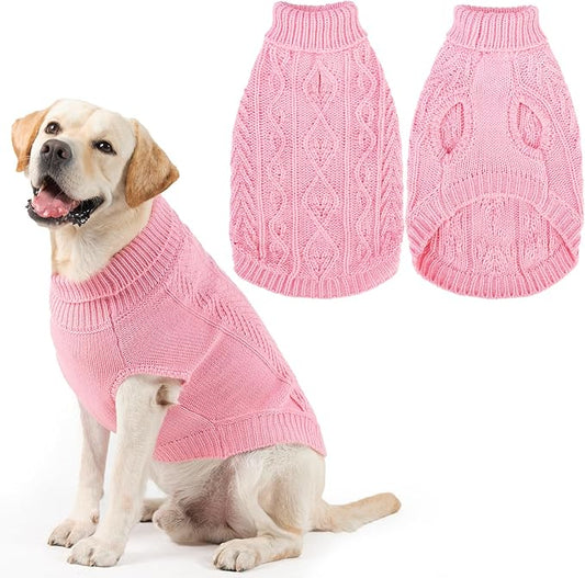 PUPTECK Dog Sweater, Turtleneck Warm Knitted Pullover Coat, Thick Cable Knitwear Clothes in Winter, Pet Apparel Outfits for Large Dogs, for Cold Weather Indoor & Outdoor, Pink L