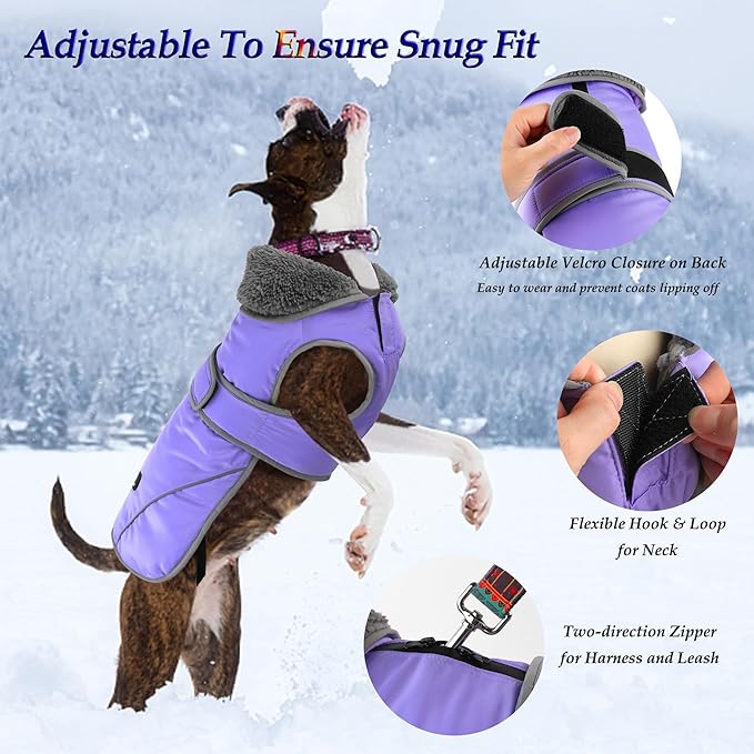 Dogcheer Dog Coat, Waterproof Dog Jacket Reflective Pet Winter Coat with Adjustable Hook & Loop, Christmas Puppy Fleece Jacket Warm Turtleneck Snowsuit for Small Medium Large Dogs - Taro Purple, M