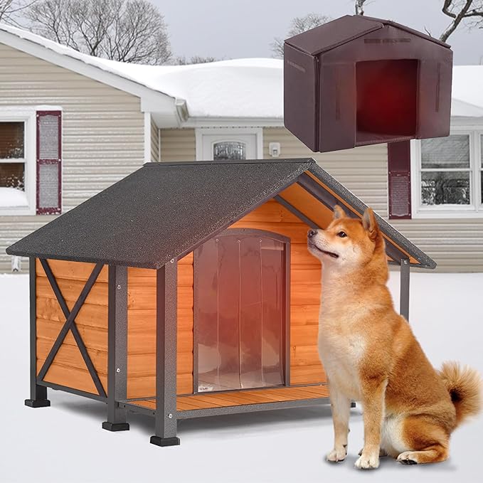 Insulated Dog House, Outdoor Dog House for Winter, Weatherproof Wooden Dog Kennel with Porch, Iron Frame, Openable Roof & Removable Floor