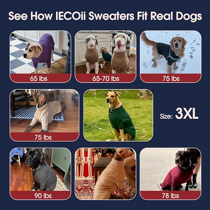 IECOii XXXL Dog Sweater,Warm Dog Sweaters for Extra Large Dogs Girl Boy,Stretchy & Cozy,Turtleneck Knitted Pullover for Pet Wear On Holiday,Easy On Doggy Sweatshirt for Labrador (Purple,XXXL)