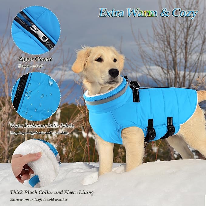 Dogcheer Dog Coat with Harness, Waterproof Dog Jacket Adjustable Pet Winter Coat with Zipper, Christmas Puppy Snow Jacket Fleece Sweater for Small Medium Large Dogs - Sky Blue 2XL