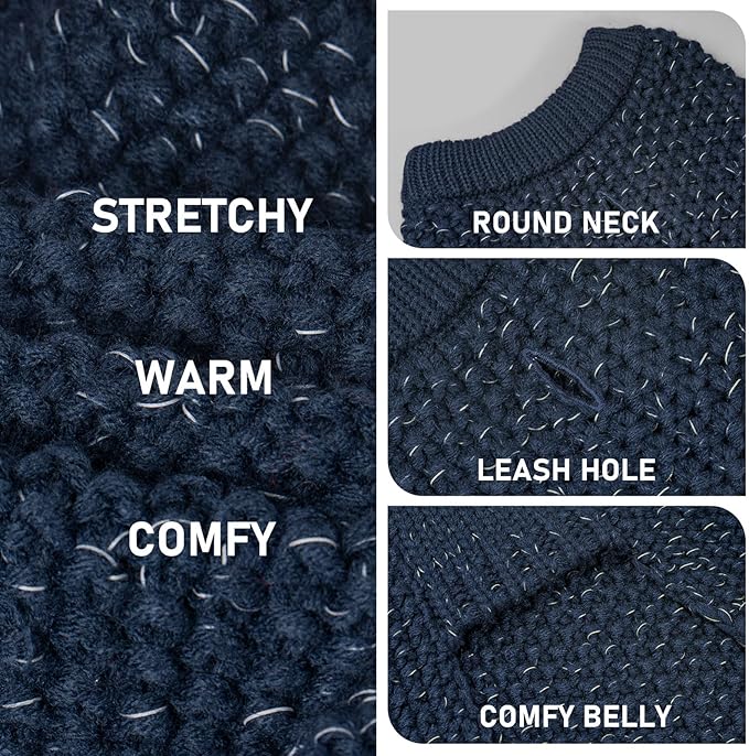 KYEESE Dog Sweater with Leash Hole for Small Dogs Male Warm Pullover with Reflective Yarn Soft Knit Pullover Boy Dog Coats Cozy Lightweight Thick Sweater Pet Indoor Outdoor Wear,Navy Blue,Small