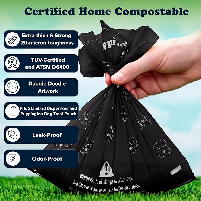 Puppington Certified Home Compostable Poop Bags - ASTM D6400 Compliant - 90 Extra Thick Bags - Plant Based - Pairs with Puppington 3-in-1 Bag & Fits all Standard Poop Bag Dispensers (Onyx Black)