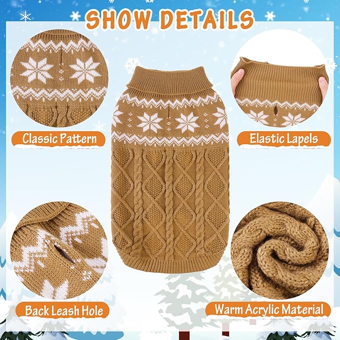 Warm Winter Dog Sweater - Cold Weather Pet Clothes for Small Medium Large Dogs Indoor Outdoor, Soft Classic Knit Puppy Apparel, Khaki, S