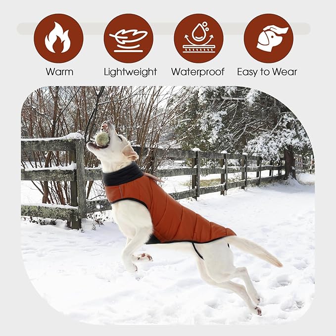 IDOMIK Dog Winter Coat, Warm Waterproof Dog Puffer Jacket with Harness Hole, Adjustable Reflective Snow Jacket Vest with Turtleneck, Pet Cold Weather Coats for Medium Dogs,Caramel,M