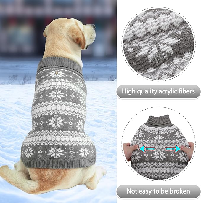 KOOLTAIL Cable Knit Dog Sweater Turtleneck, Cold Weather Pullover Classic Knitwear, Snowflake Pattern Thick Warm Winter Pet Clothes,Dog Christmas Sweater for Small Medium Large Dogs,Grey S