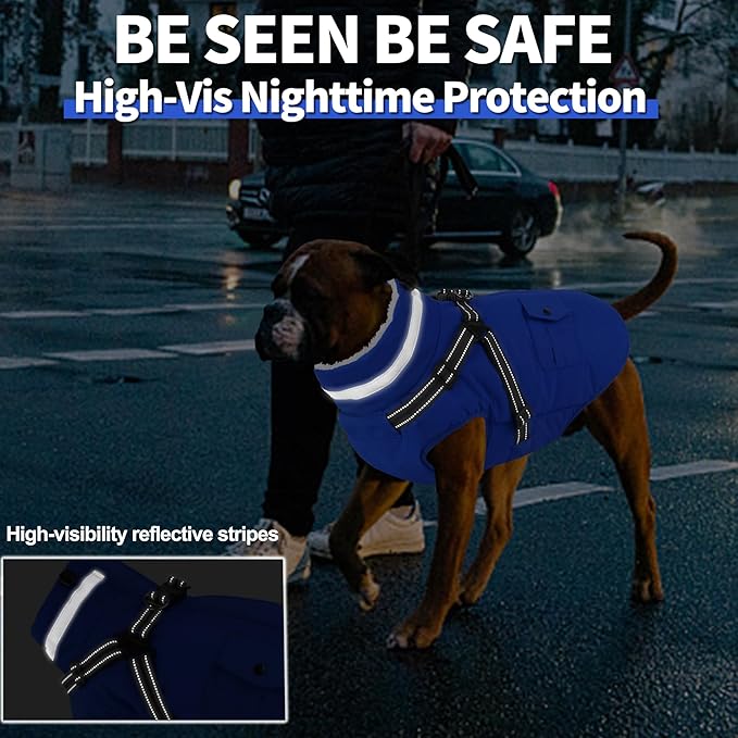 Dogcheer Dog Coat with Harness, Waterproof Warm Dog Winter Jacket with Pockets, Reflective Pet Fleece Jacket Turtleneck Snowsuit for Small Medium Large Dogs - Blue, 2XL
