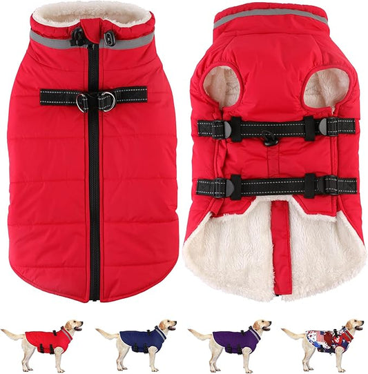 Dogcheer Dog Coat with Harness, Waterproof Dog Jacket Adjustable Pet Winter Coat with Zipper, Christmas Puppy Snow Jacket Fleece Sweater for Small Medium Large Dogs - Red XS
