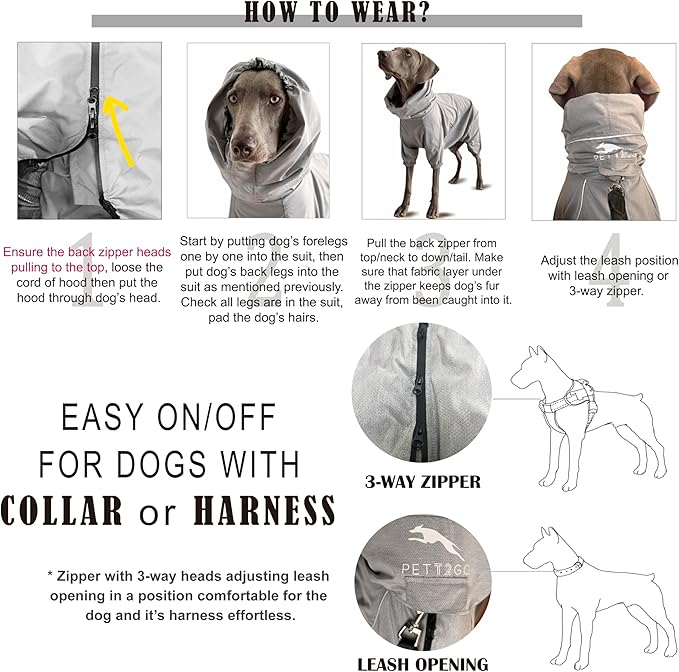 Dog Lightweight Windbreaker, Pet Outdoor Sports Jacket, 0.5 lbs,3 in One, Hooded, Easy on/Off with Collar and Harness, Reflective Piping, Packable, Dog Hiking/Camping, Grey (X-Large)