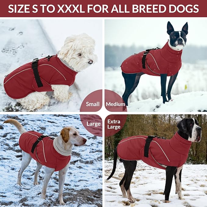Queenmore Large Coat, Winter Jacket, Waterproof Puffy Snowsuit for Dogs - Adjustable Reflective Fleece Lining Warm Padding Parka for Cold Weather, Red L