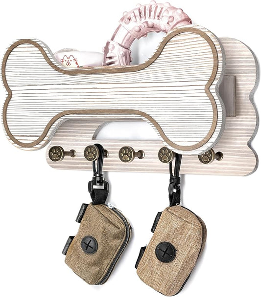 Decorative Dog Leash Holder for Wall - Creative Doggie Bone Shape Key Holder Wall Mount with Dog Stuff Storage Shelf & 5 Cute 3D Puppy Paw Hooks - Ideal for Room Decor (White)