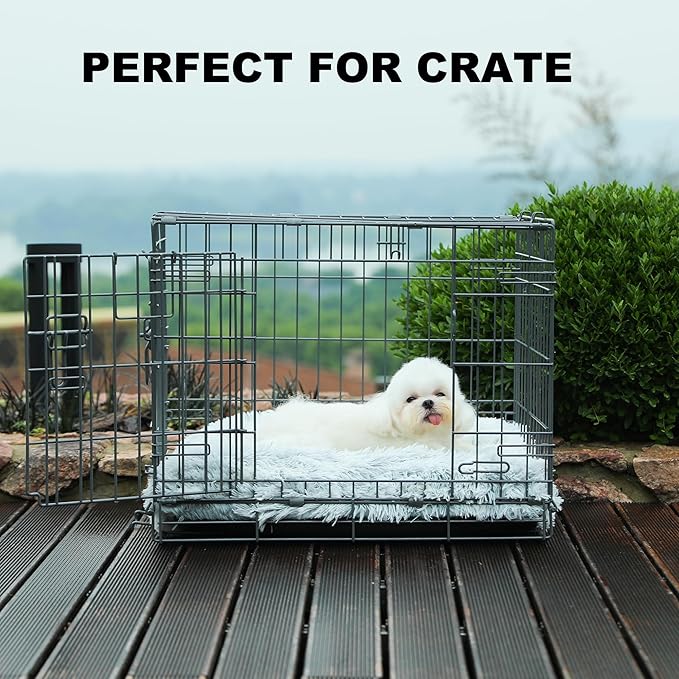 Bedfolks Waterproof Crate Bed, Plush Dog & Cat Kennel Pad with Removable Cover, Faux Fur, Washable, 21"x13", Solid Light Grey