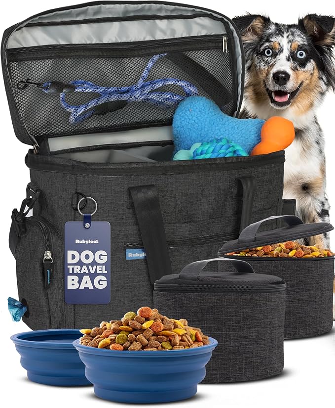 The Original Doggy Bag™ - Complete Dog Travel Bag for Supplies with 2 BPA-Free Travel Dog Bowls & 2 Pet Food Containers - Traveling Kit for Road Trip, Camping, Weekend Away or Doggy Gift - Charcoal