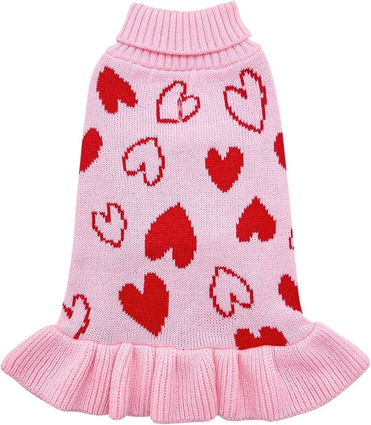 cyeollo Dog Sweaters Dress Valentines Day Dog Clothes Pullover Turtleneck with Leash Hole Heart Pattern Holiday Theme Female Pet Apparel Sweaters for Small Dogs