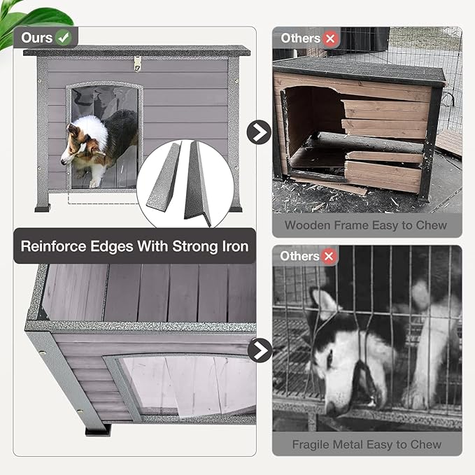Dog House Outdoor Insulated Dog House for Small Medium Dogs, Natural Wood with Iron Frame, Waterproof Roof Raised Feet