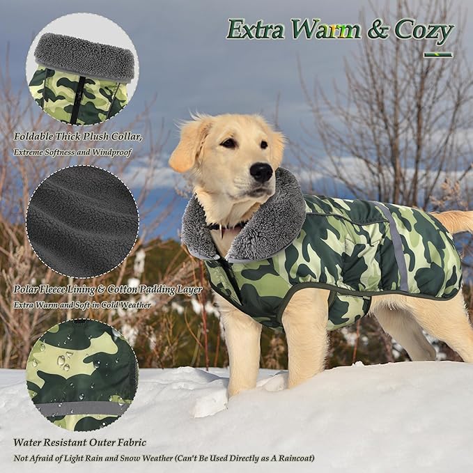 Dogcheer Warm Dog Coat, Waterproof Dog Jacket Reflective Adjustable Puppy Winter Coat with Buckle, Christmas Pet Snow Jacket Turtleneck Fleece Sweater for Small Medium Large Dogs- Camo Green, XL
