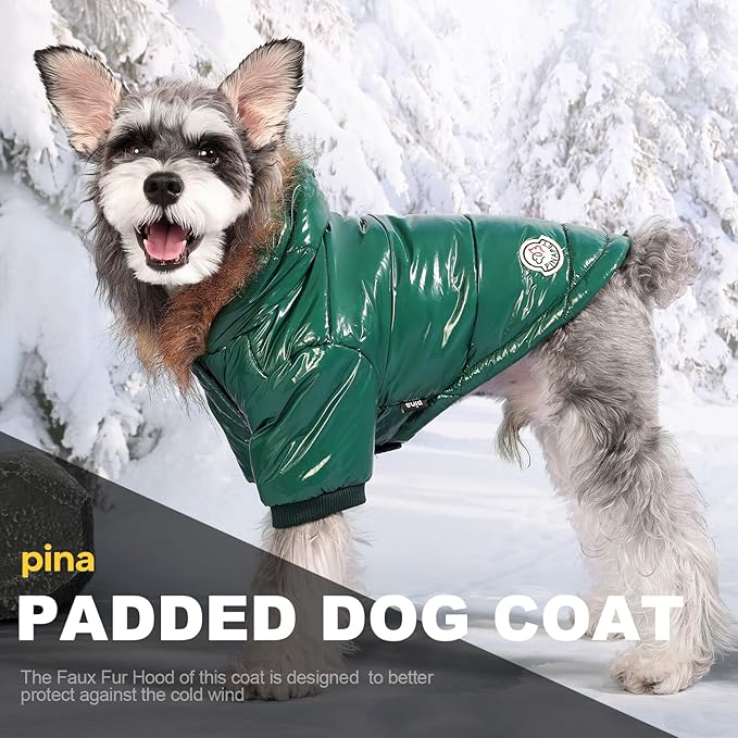 PINA Dog Winter Coat with Faux Fur Hood, Windproof and Warm, Suitable for Small to Large Dogs, Green, S