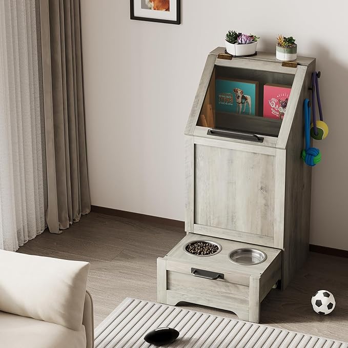 Dog Feeding Station with Storage Cabinet, 2 Elevated Bowls, FILP Top Food Storage Cabinet Container, Pet Feeding with 3 Hooks, Farmhouse Dog Feeder Station, Grey