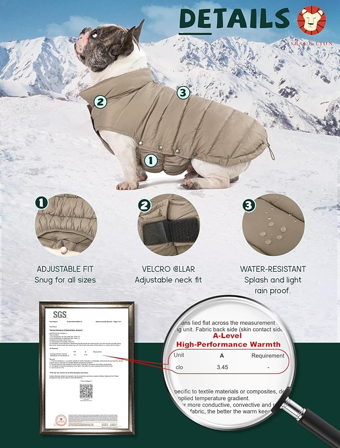 SPACE LION Dog Puffer Jacket, Down Winter Coat, Durable Outdoor Coat for Cold and Windy Conditions, Waterproof, Lightweight Jacket, Adjustable Fit for Small, Medium, Large Dogs(Khaki,14/L)