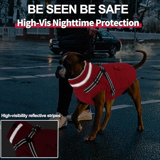 Dogcheer Dog Coat with Harness, Waterproof Warm Dog Winter Jacket with Pockets, Reflective Pet Fleece Jacket Turtleneck Snowsuit for Small Medium Large Dogs - Red, XL