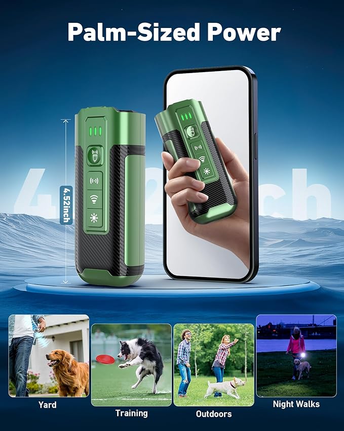 Dog Bark Deterrent Devices-Ultrasonic Anti Barking Device with 50ft Range, Rechargeable No Barking for Own or Neighbor's Dogs, Portable Safe for Pets/Humans, Green