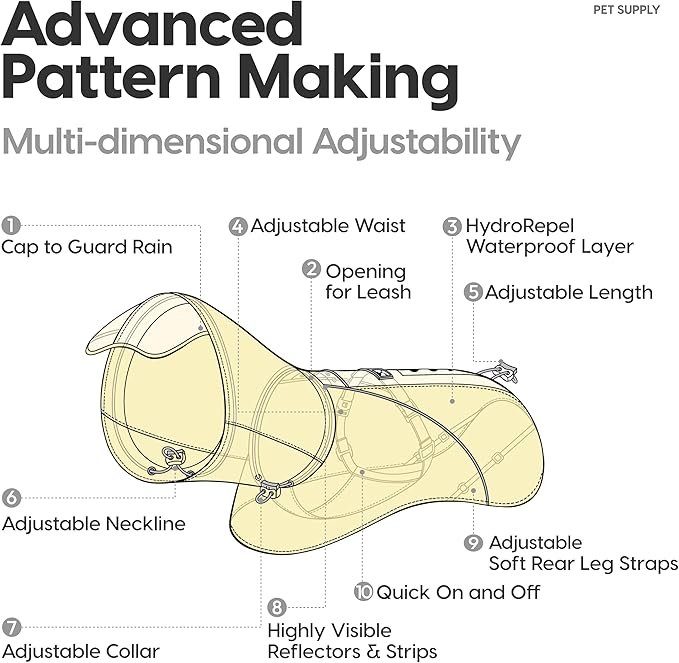 Slip-On Dog Rain Poncho, Quick & Easy to Wear Dog Raincoat, Unrestricted, Super Lightweight, and Waterproof Rain Jacket for All Breeds, Adjustable and Reflective (Yellow, XS)