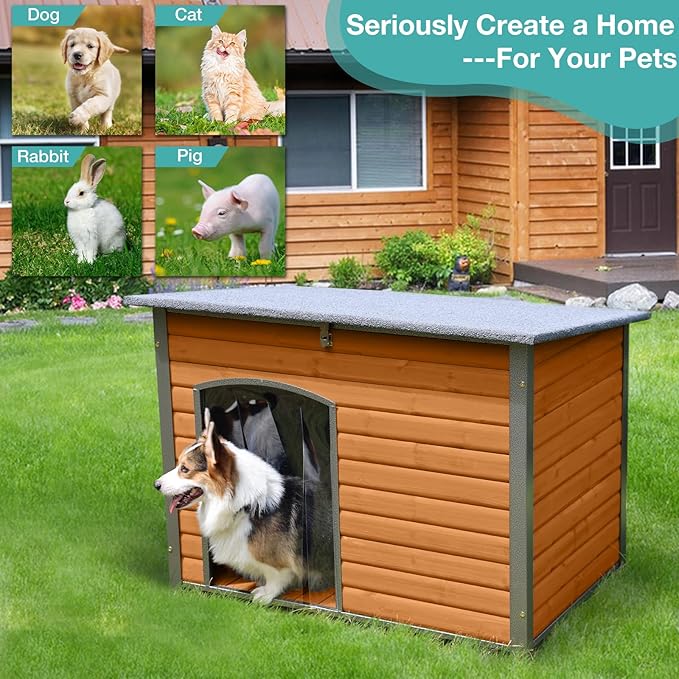 Indoor Outdoor Dog House,Anti-Chewing Iron Frame Dog Kennel,Wood Warm Pets Home,Weatherproof Outside Shelter (43.3" (L) x 29.4" (W) x 33.4" (H) Brown)