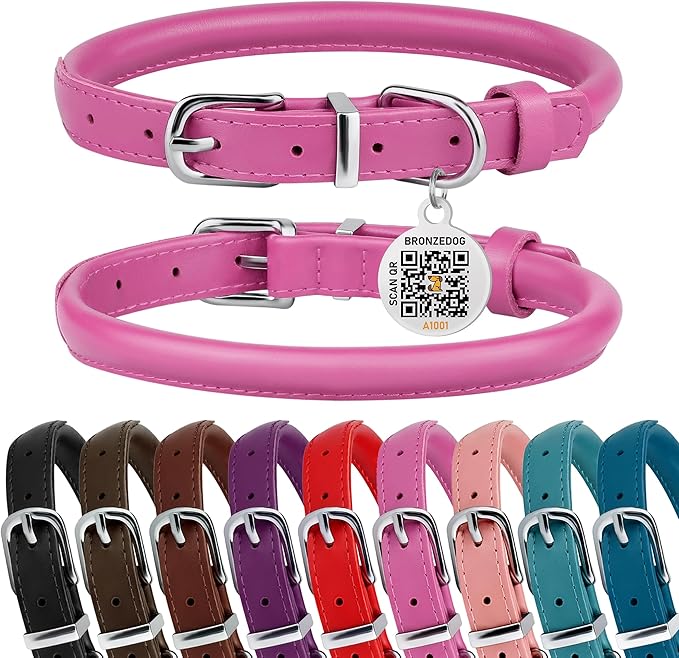 BRONZEDOG Rolled Leather Dog Collar for Small Medium Large Dogs with QR ID Tag (M: 14-16 Inch, Hot Pink)