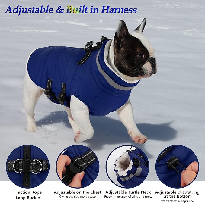 Dogcheer Dog Coat, Waterproof Dog Jacket with Harness, Reflective Adjustable Puppy Winter Coat with Zipper, Christmas Snow Jacket Clothes for Small Medium Large Dogs - Blue XL
