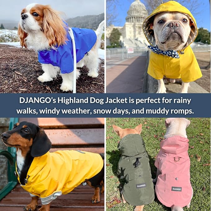 DJANGO Highland Dog Jacket & Raincoat – Water-Repellent, Lined Dog Coat with Hood, Adjustable Fit & Harness Hole – Lightweight Rain & Wind Jacket for Small & Medium Dogs up to 30 lbs (Pink, Medium)
