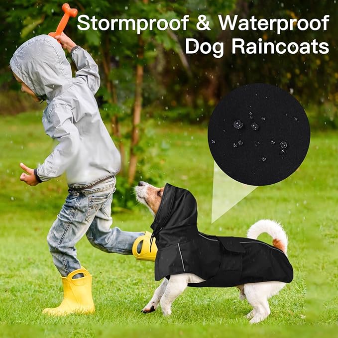 Dog Raincoat Waterproof , Reflective Adjustable Rain Jacket with Leash Hole, Convertible Hood/Collar Rain Coat for Dogs Poncho Breathable Lightweight (Black, XL)