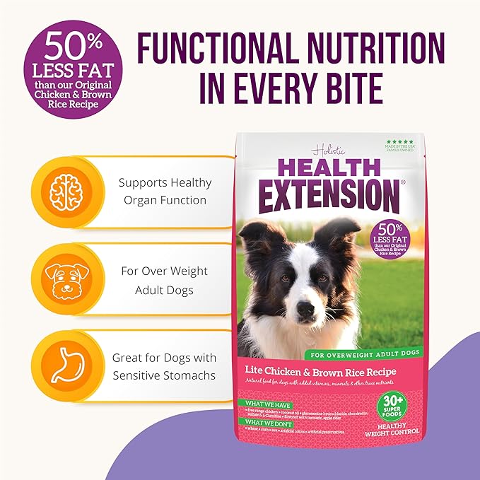 Health Extension Lite Chicken & Brown Rice Dry Dog Food, Low Fat Formula Supports Healthy Weight, with Probiotics & Superfoods for Digestion & Coat Health (1lb)